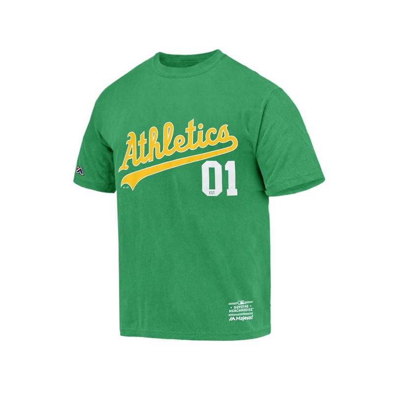 Oakland Athletics Majestic MLB Script Number Vintage T-Shirt – Faded Green