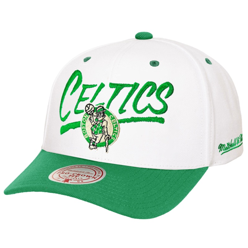 Boston Celtics Mitchell & Ness NBA Blaze Script Pro Crown Snapback Hat – White