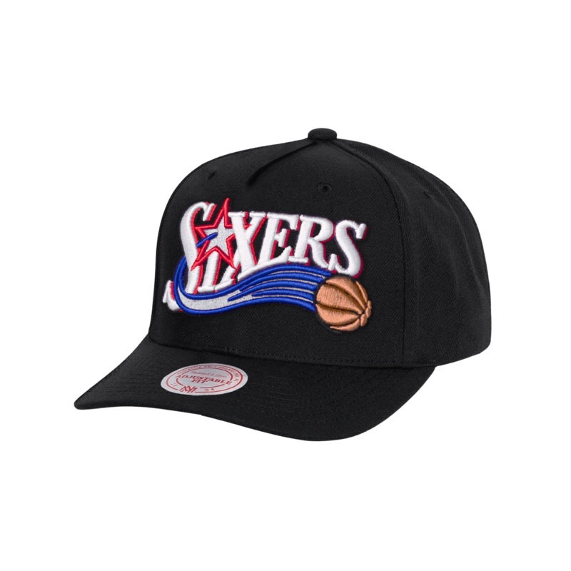 Philadelphia 76ers Mitchell & Ness NBA HWC Wordmark MVP Snapback Hat – Black