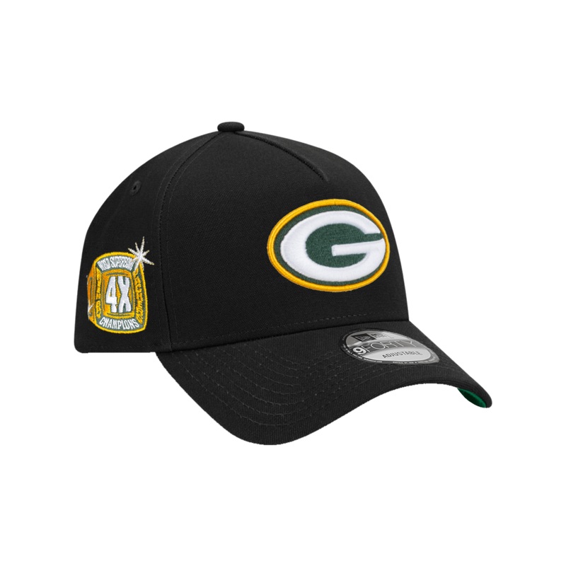 Green Bay Packers New Era NFL Champs Ring 9FORTY A-Frame Snapback Hat – Black