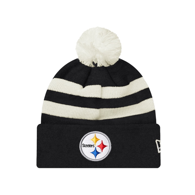 Pittsburgh Steelers New Era NFL Ivory Stripe Pom Knit Beanie – Black