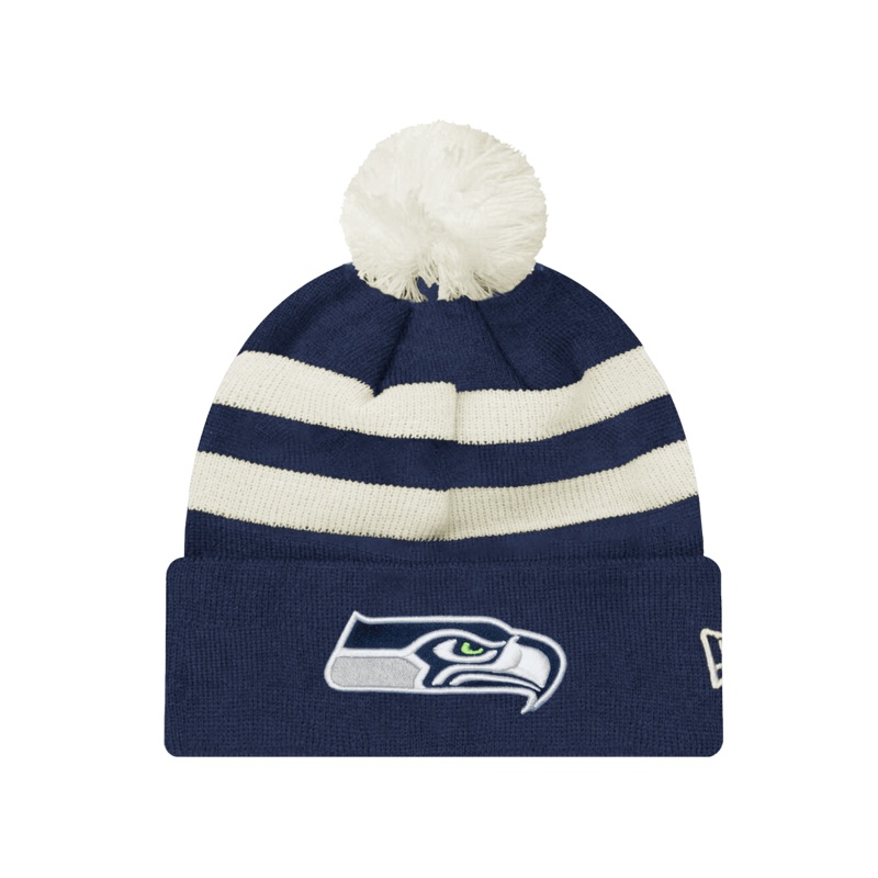 Seattle Seahawks New Era NFL Ivory Stripe Pom Knit Beanie – Navy