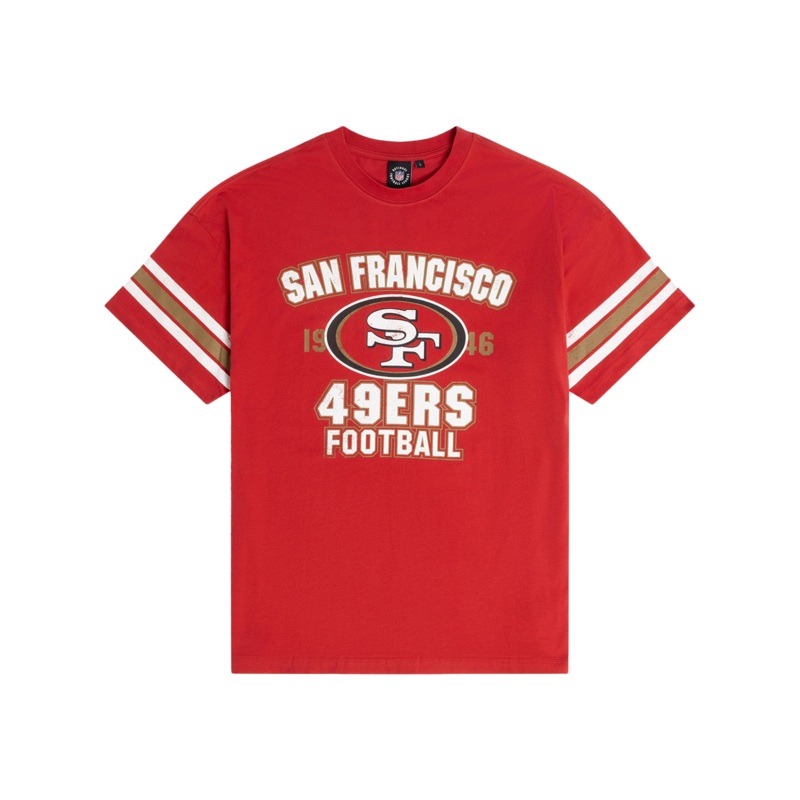 San Francisco 49ers Majestic NFL Vintage Stripe Oversized T-Shirt – Red
